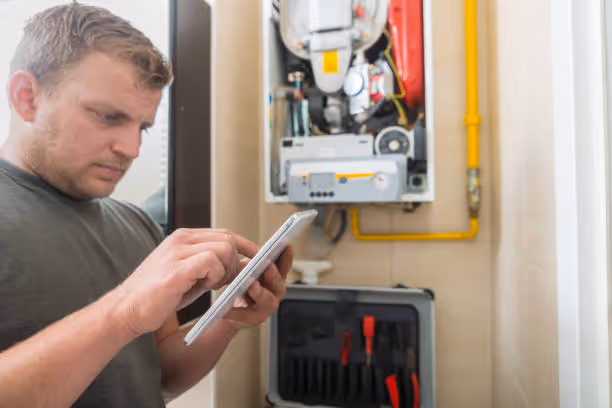 Technician using tablet while inspecting electrical or heating system panel