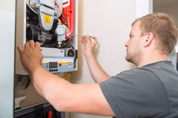Technician repairing or inspecting a heating system or boilerr