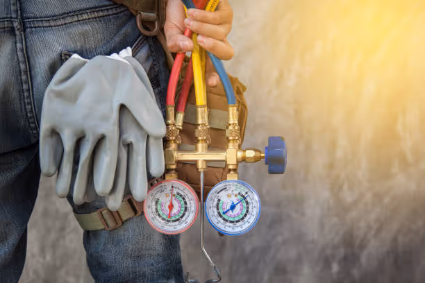 HVAC technician with pressure gauges and work gloves near manifold