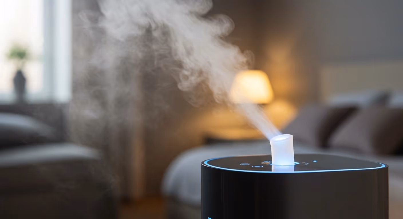 Humidifier releasing steam in a cozy, softly lit living room
