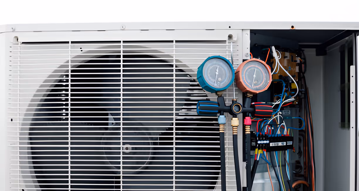 Air conditioning unit with pressure gauges and exposed electrical wiring