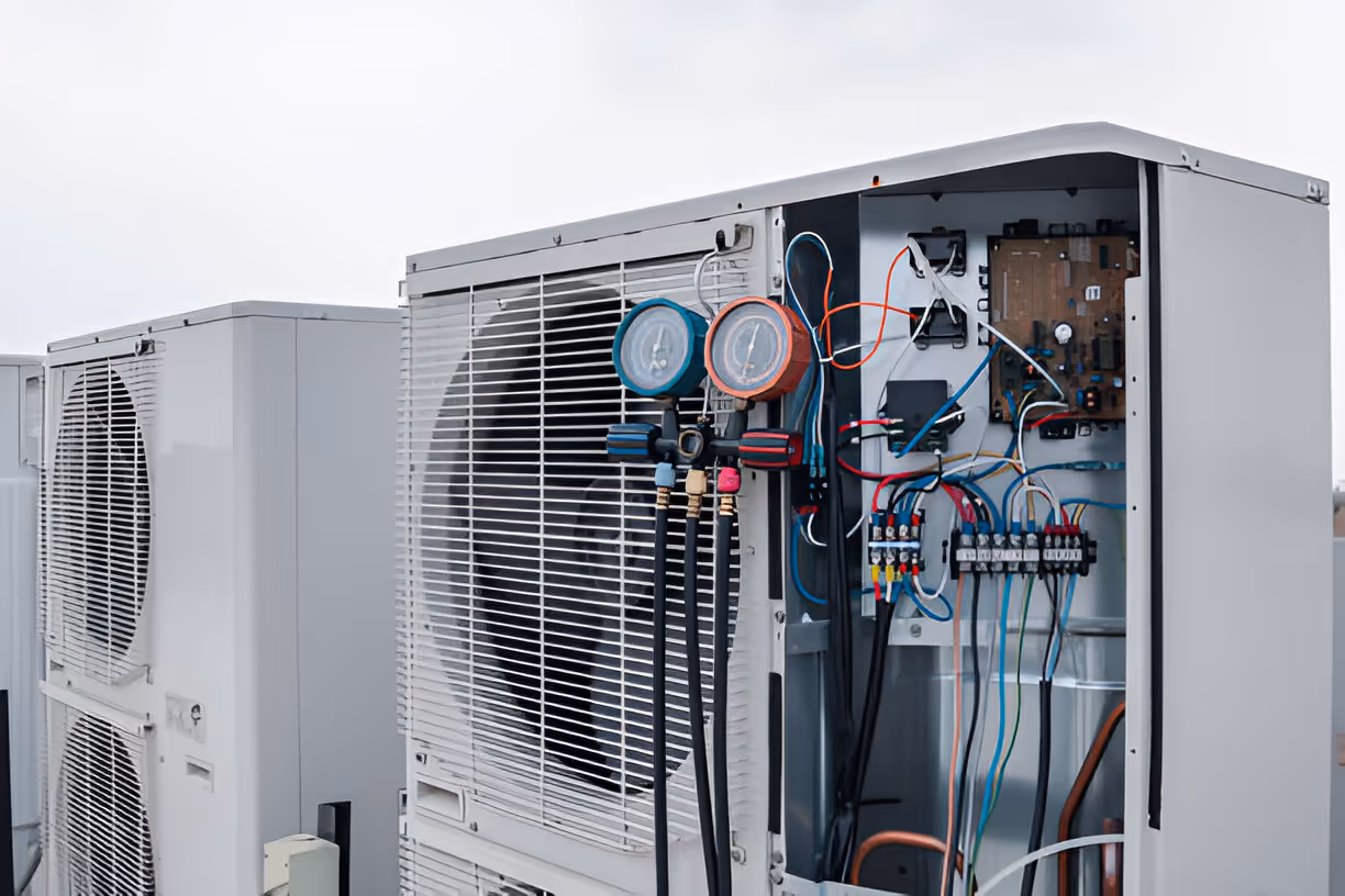 Air conditioning unit with exposed electrical components and pressure gauges