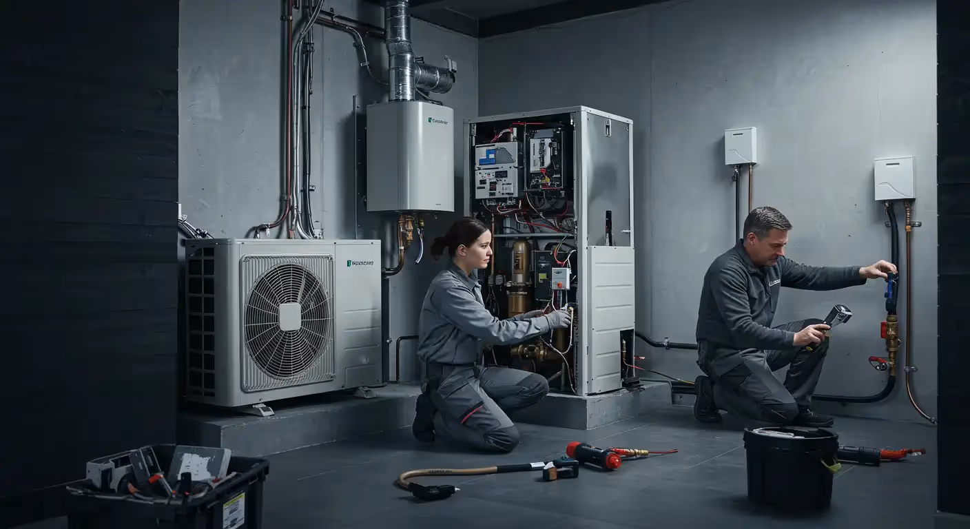 Technicians working on heat pump and electrical systems in mechanical room