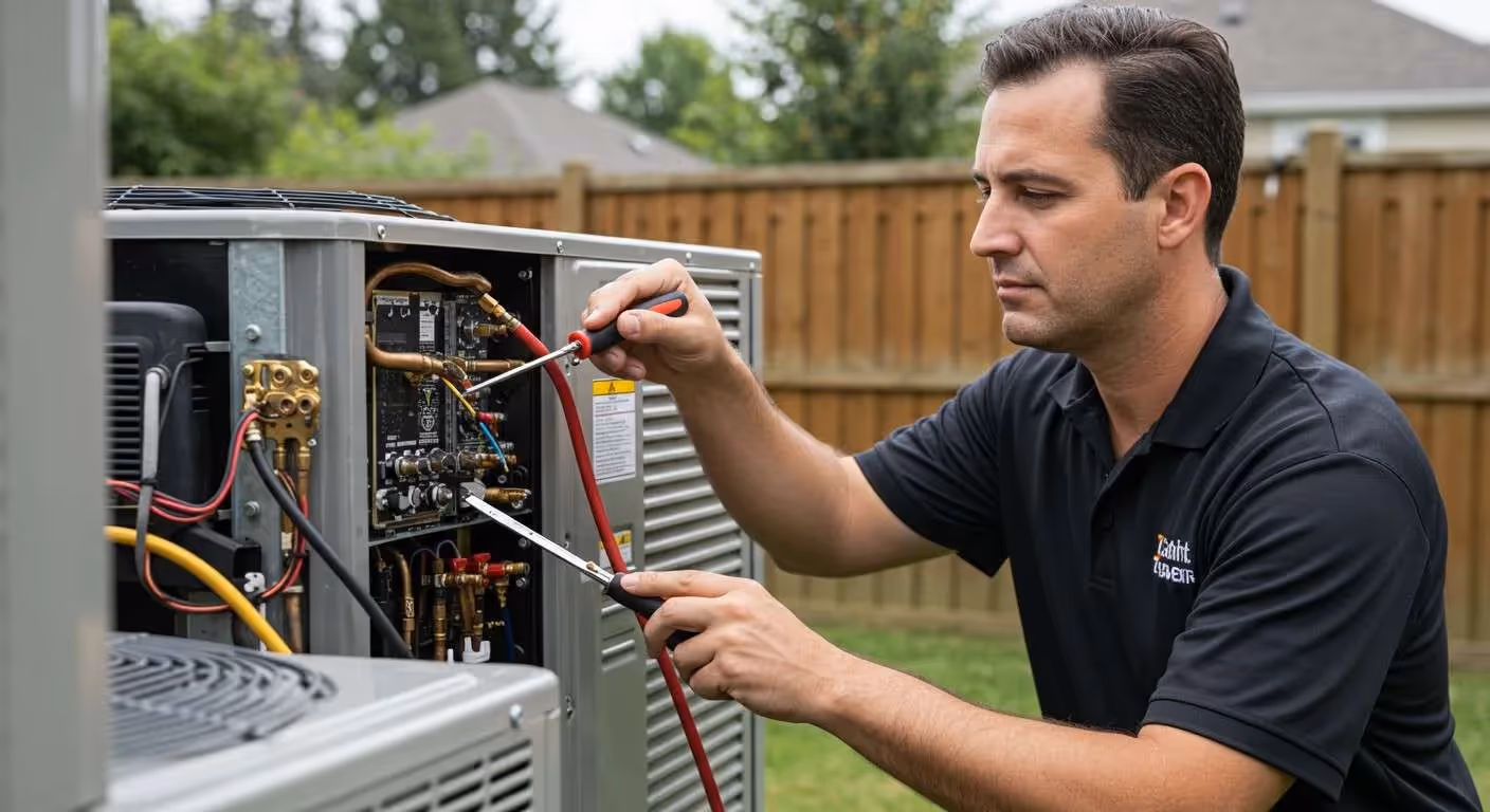 Technician repairing an air conditioning unit with tools outdoors