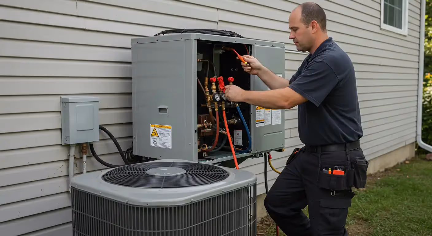 HVAC technician repairing an air conditioning unit outside a house