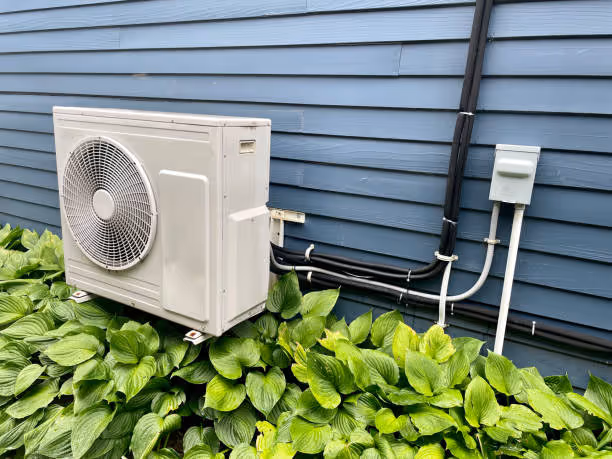 White air conditioning unit mounted on blue siding near green leafy plants