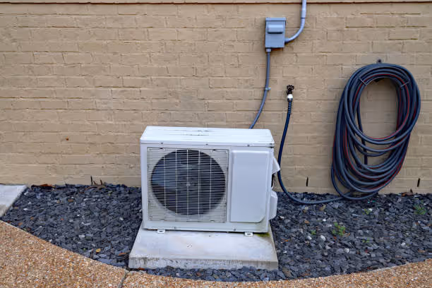 Air conditioning unit mounted on concrete pad with coiled hose nearby