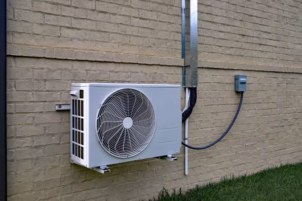 White air conditioning unit mounted on brick wall with electrical connection
