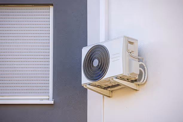 White air conditioning unit mounted on exterior wall next to window shades