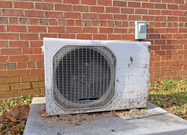 Weathered air conditioning unit mounted on brick wall with concrete base