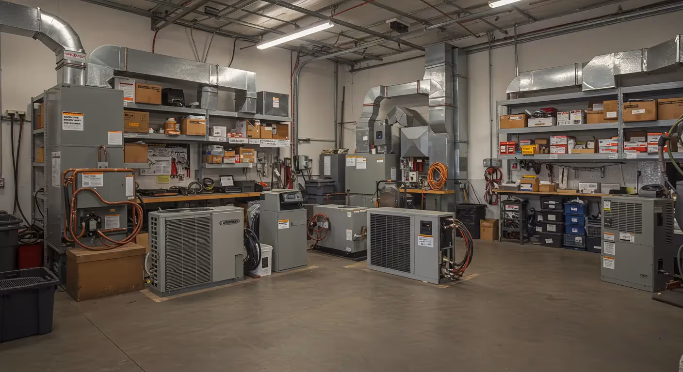 HVAC repair shop with industrial equipment, shelves, and electrical units