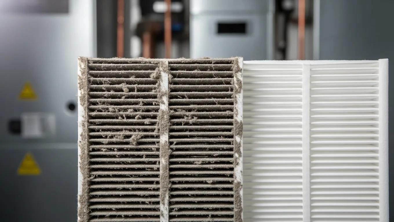 Comparison of a dirty and clean HVAC filter, illustrating signs of filter replacement needs