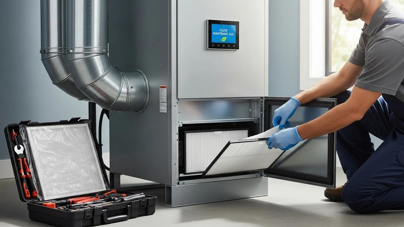 Technician replacing an HVAC filter in a modern system, highlighting energy efficiency and air quality
