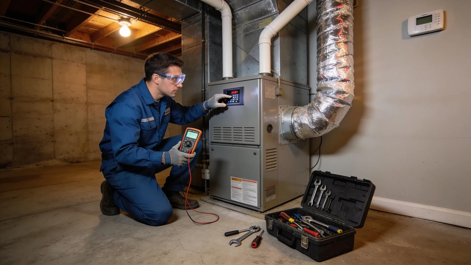 Professional HVAC technician repairing a heating system in a residential environment