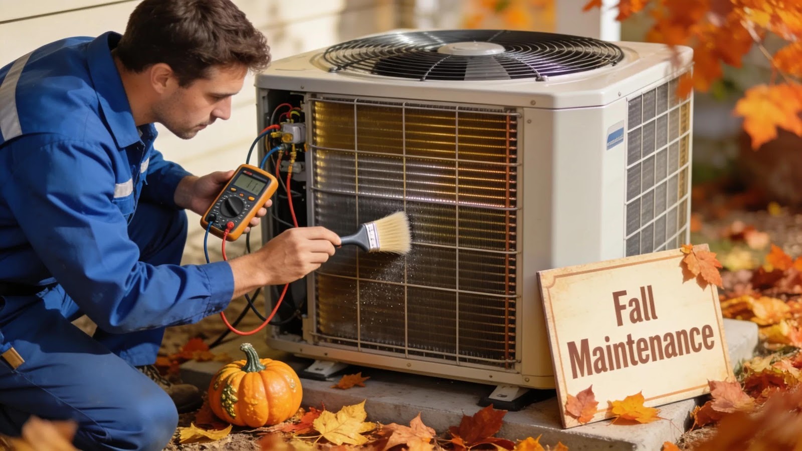 HVAC technician performing seasonal maintenance on an outdoor air conditioning unit