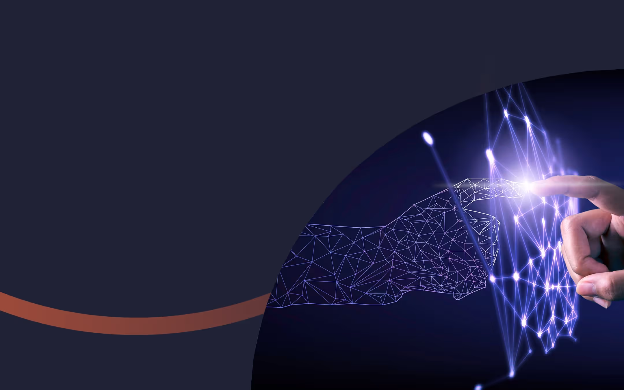 Human finger touching a digital wireframe hand through a glowing network interface, symbolizing human-AI interaction and technology.