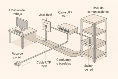 Componentes del cableado horizontal: patch panels, patch cords, tomas RJ45 y rutas de canalización en oficinas corporativas