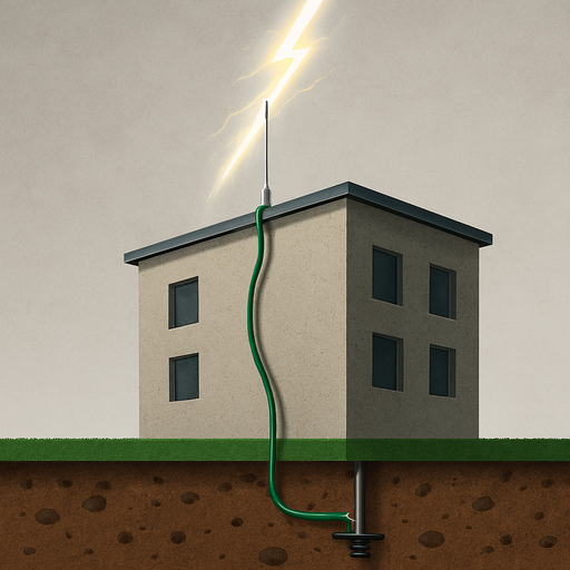 Ilustración profesional del sistema de pararrayos mostrando un rayo siendo dirigido de forma segura a tierra mediante un cable de conexión y una varilla de puesta a tierra.