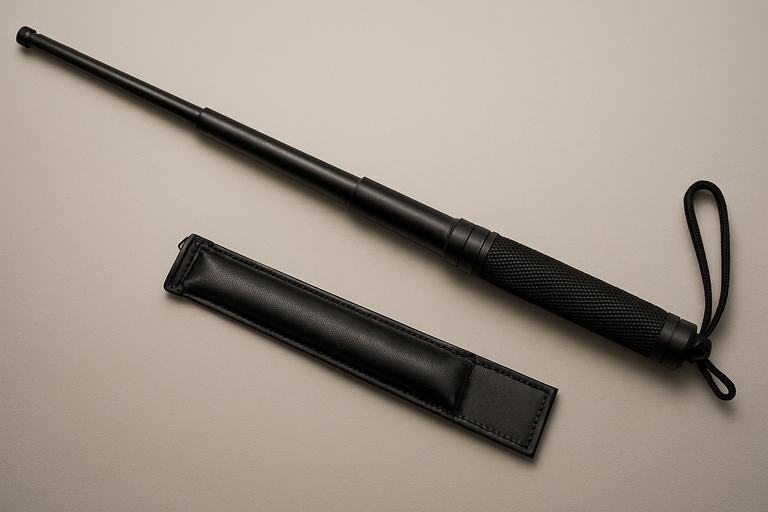 Bastón táctico largo totalmente extendido, de metal oscuro con mango texturizado antideslizante, mostrando detalles como anillos de agarre, punta reforzada y clip para cinturón, sobre fondo neutro.