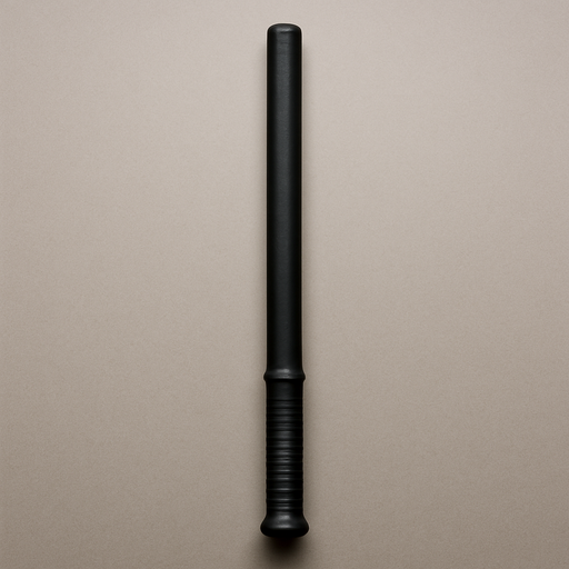 Bastón de defensa recto negro con mango liso y punta reforzada, herramienta profesional para protección personal.