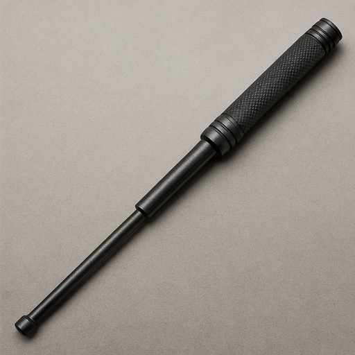 Bastón extensible táctico completamente desplegado, de metal oscuro con mango antideslizante y punta reforzada, ideal para defensa personal.
