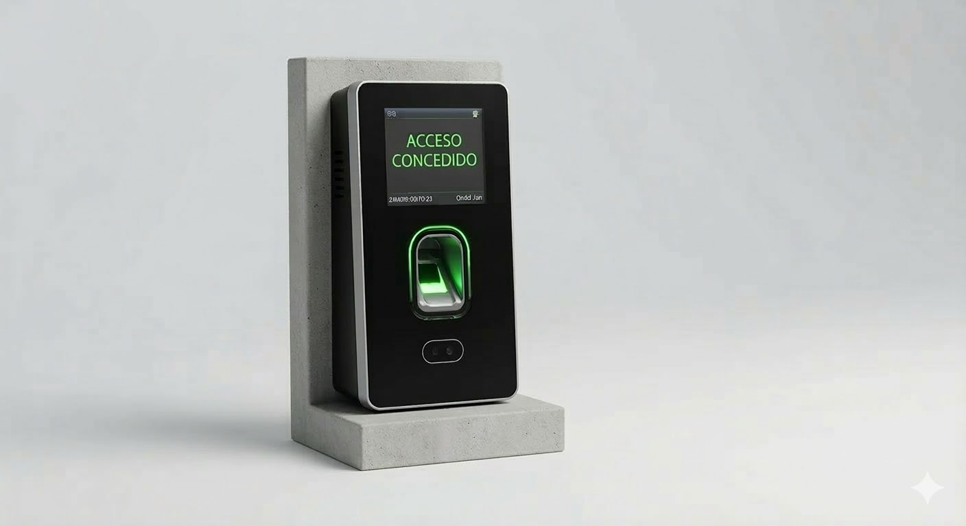 Dispositivo lector biométrico con pantalla que muestra el mensaje Acceso concedido.