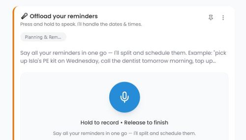 Reminder app interface with a prompt to hold and speak reminders aloud, featuring a blue microphone button to record.