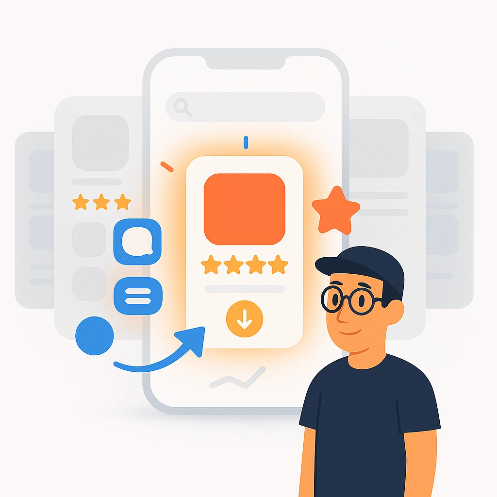 Illustrasjon av en ung person foran en fremhevet app-liste med stjerner og nedlastingsknapp, omgitt av app-elementer og vurderingsikoner, som viser hvordan en godt optimalisert app skiller seg ut i App Store – i Birkelandmedia-stil (hvit bakgrunn, dempet rød aksent).