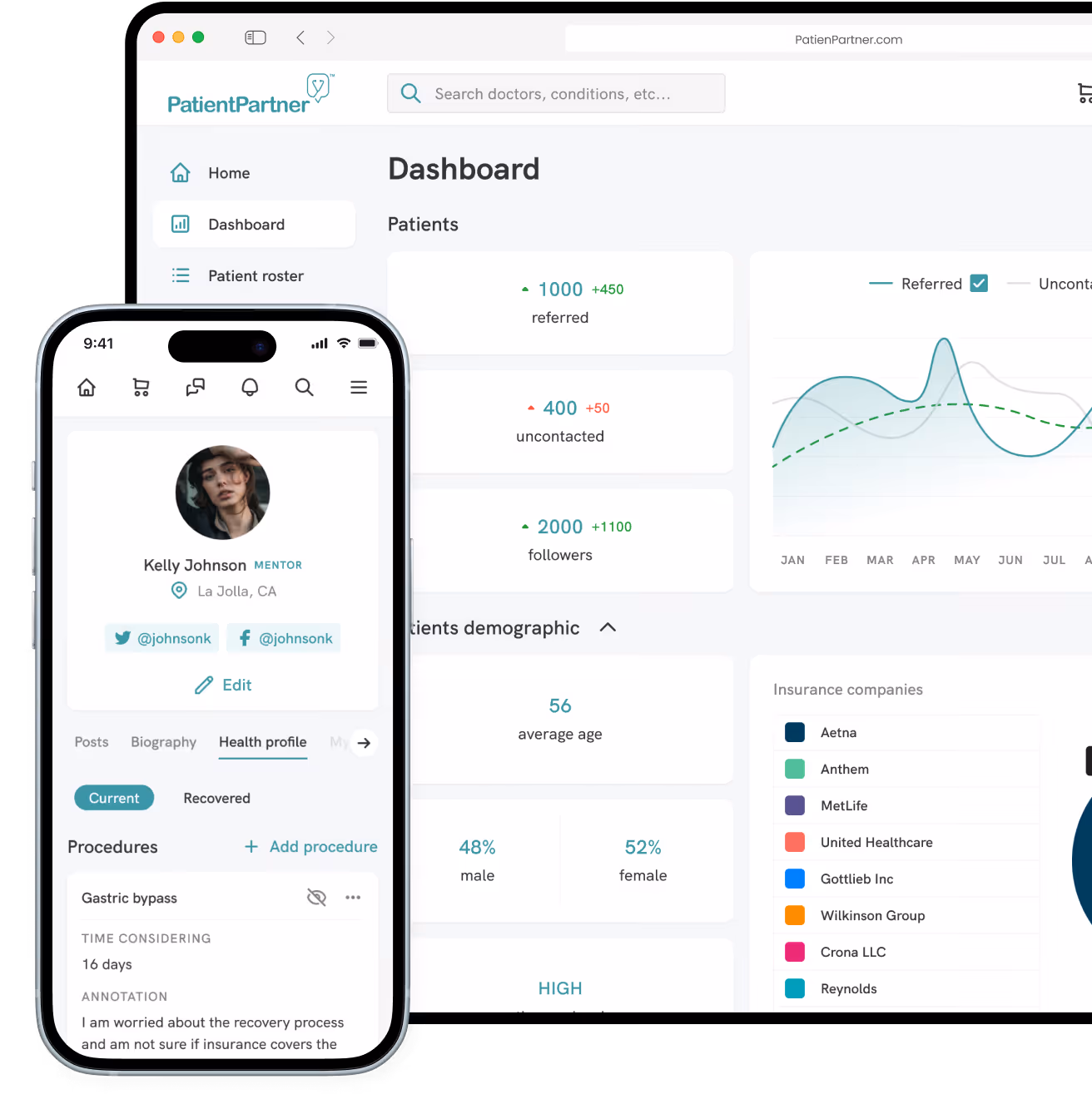 Mobile app screenshot showing patient dashboard and mentor connections