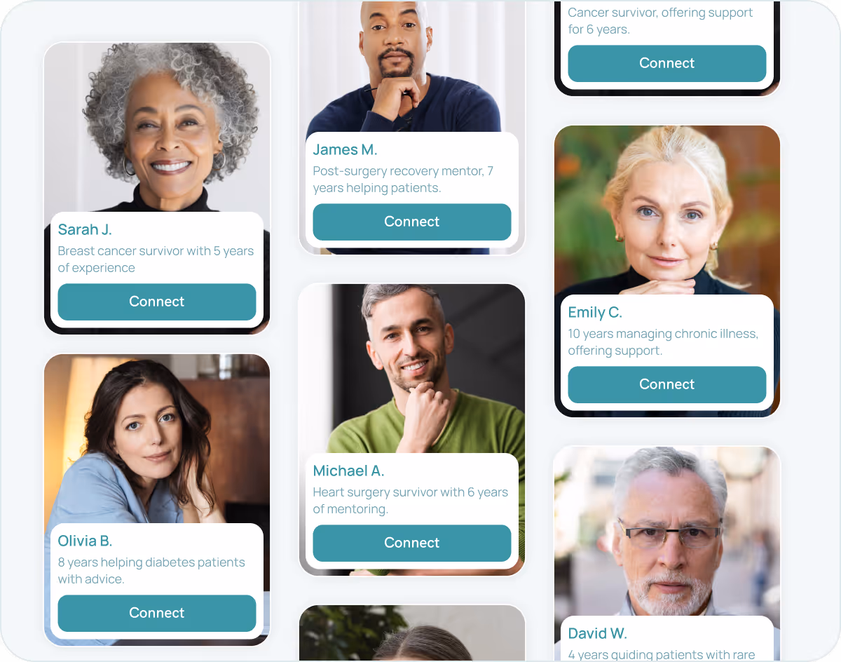 Grid of PatientPartner mentors including breast cancer survivor, chronic illness guide, and heart surgery mentor available to connect for patient support