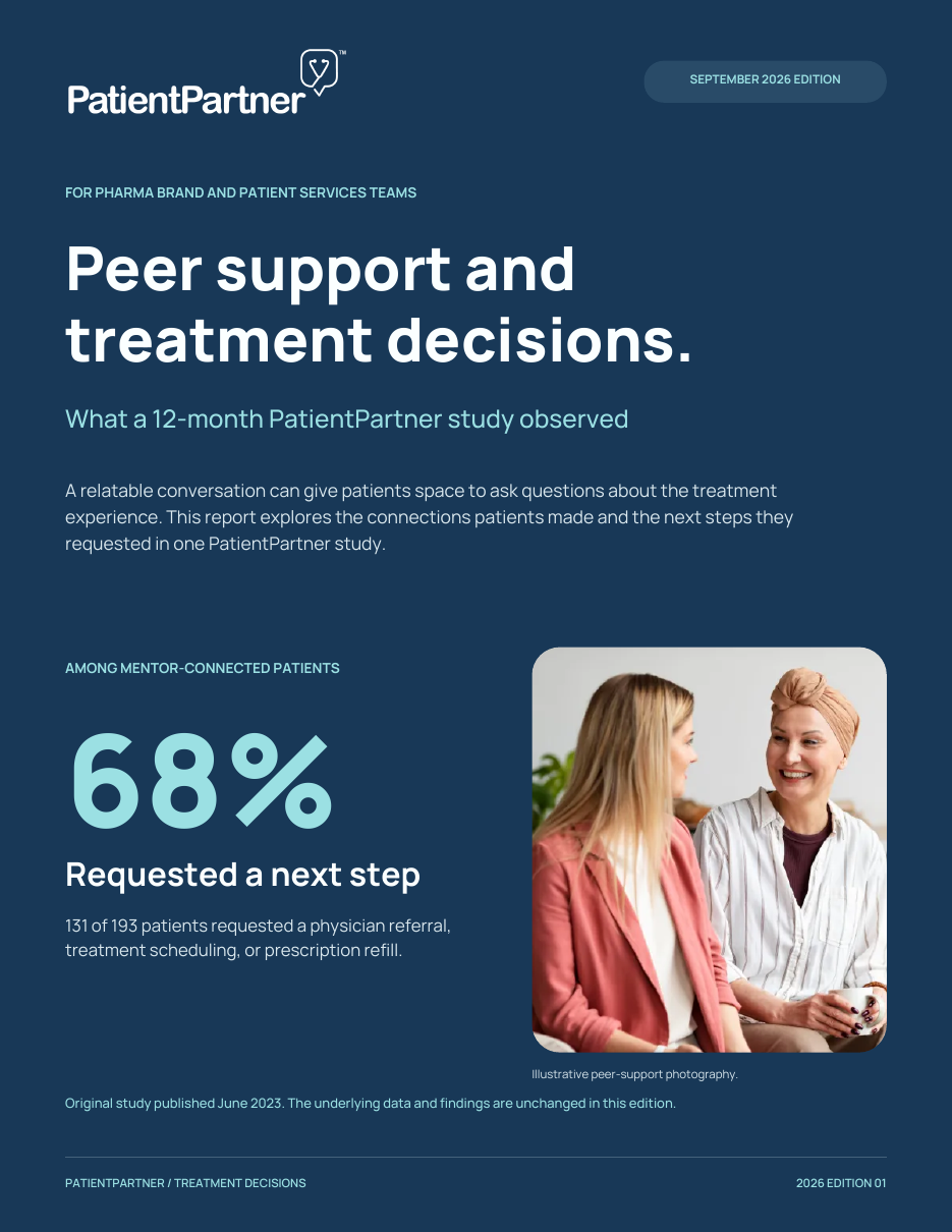 Cover of the PatientPartner peer support and treatment decisions report, September 2026 edition.