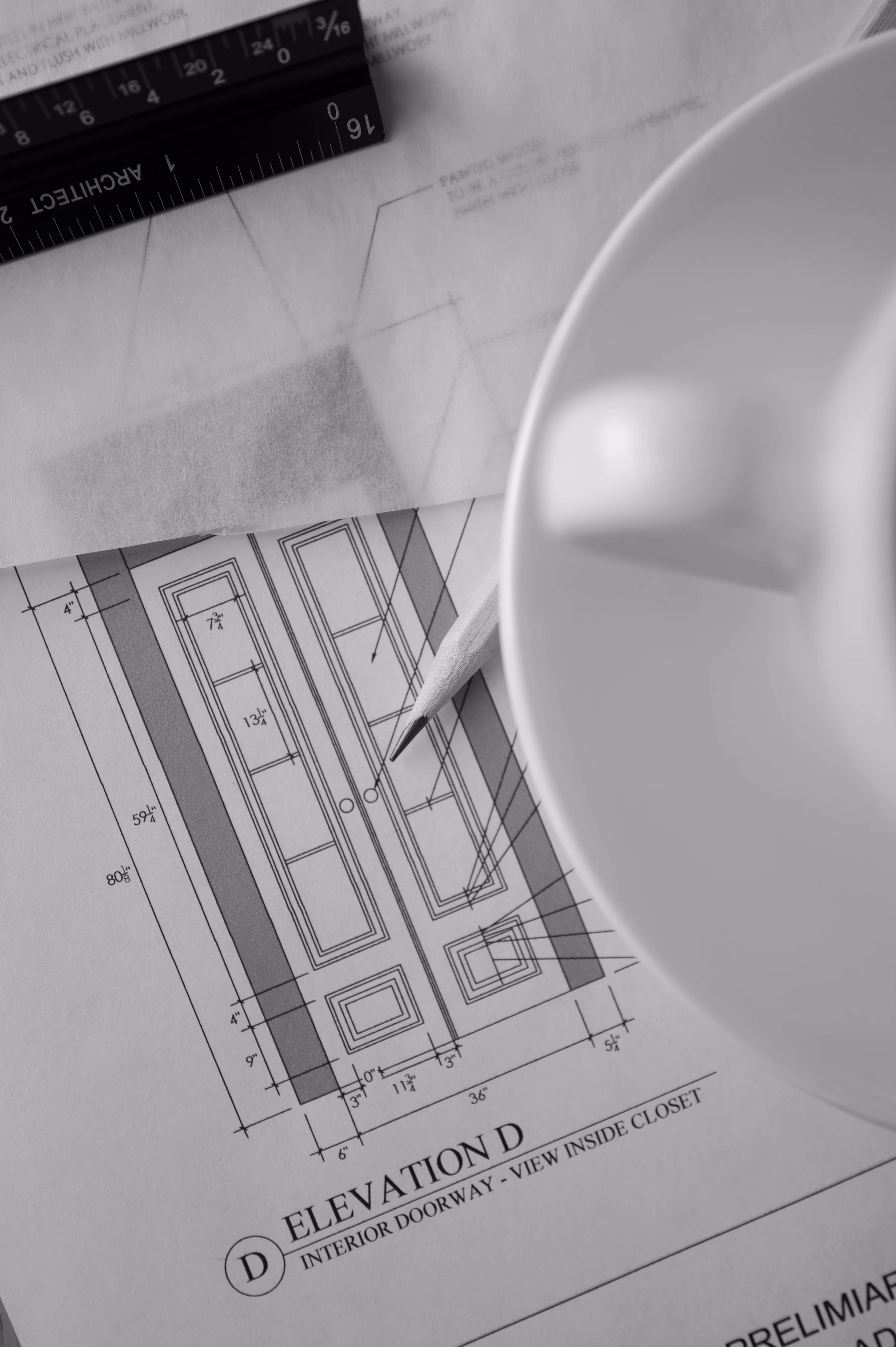 Interior doorway drawing with pencil and tools