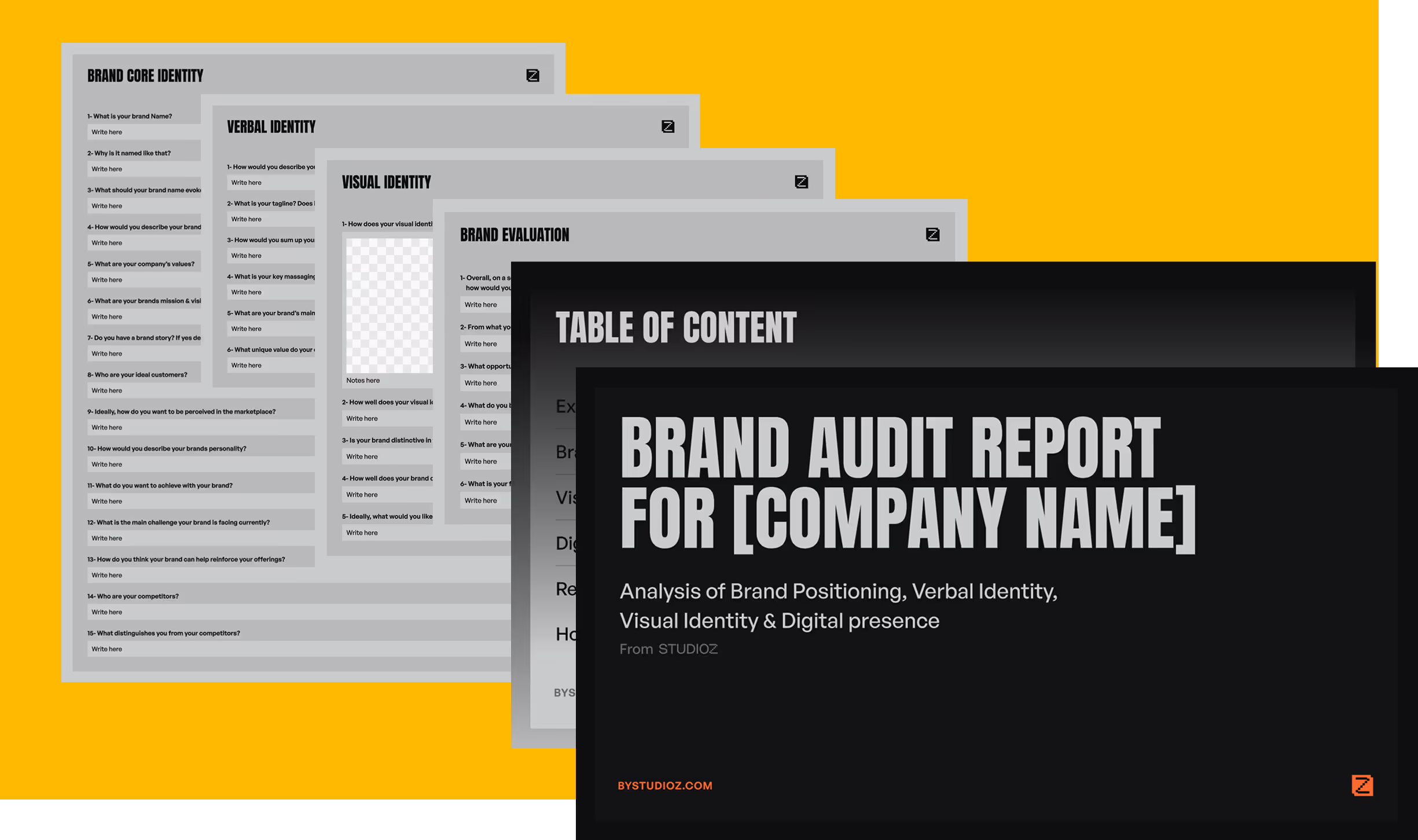 Stacked pages of a brand audit report template titled 'Brand Audit Report for [Company Name],' including sections on brand core identity, verbal identity, visual identity, and brand evaluation on a yellow background.