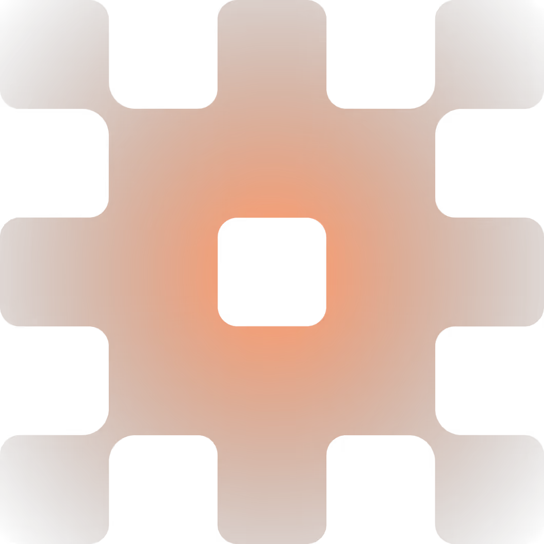 Orange gear icon with rounded square center on a black background.