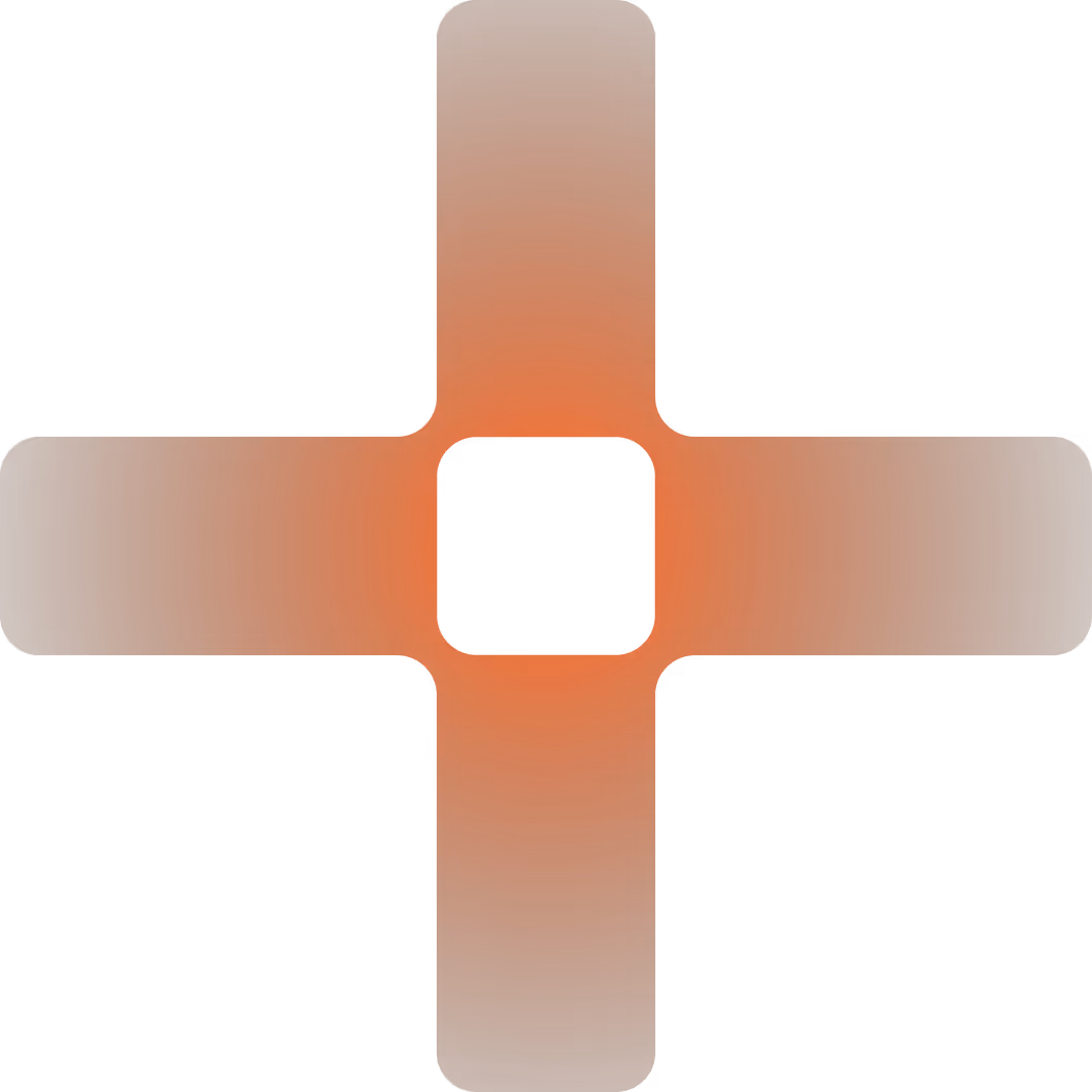 Orange plus sign with rounded edges and a hollow center on a black background.