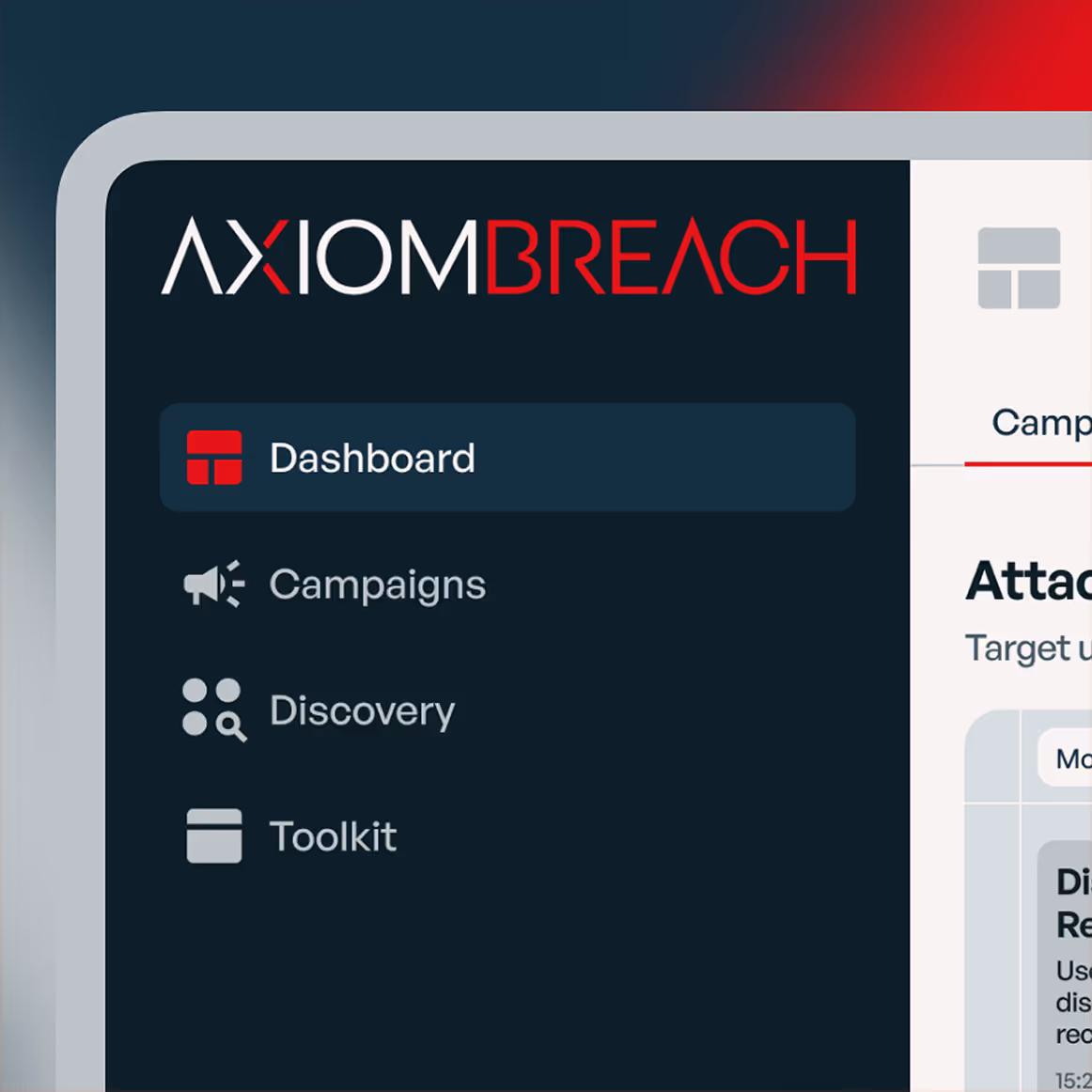 Screenshot of AXIOMBREACH software interface showing a sidebar menu with options Dashboard, Campaigns, Discovery, and Toolkit.