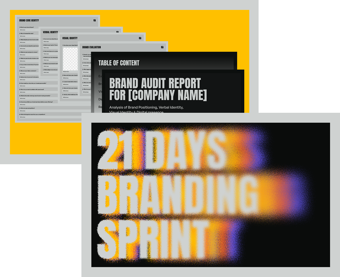 Stacked brand audit report pages with headers like Brand Core Identity and Verbal Identity, and a title page reading 'Brand Audit Report for [Company Name],' followed by '21 Days Branding Sprint' in large blurred text.