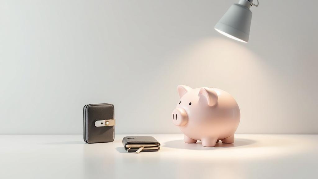 A sole trader looking at a small piggy bank next to a large building, symbolising the difficulty in funding business growth.