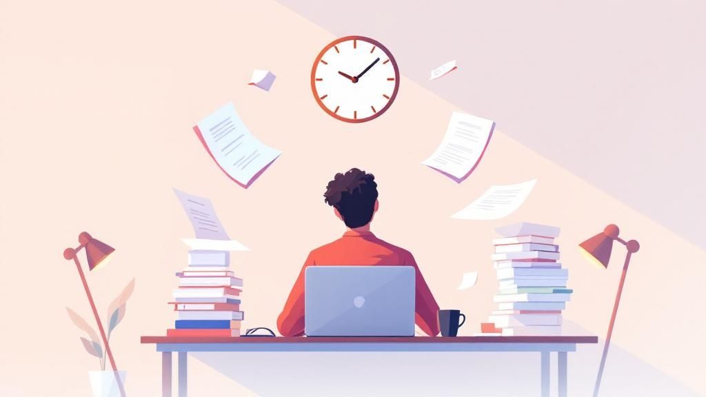 An image depicting a sole trader overwhelmed with various business tasks like marketing, finance, and operations, illustrating the heavy workload.