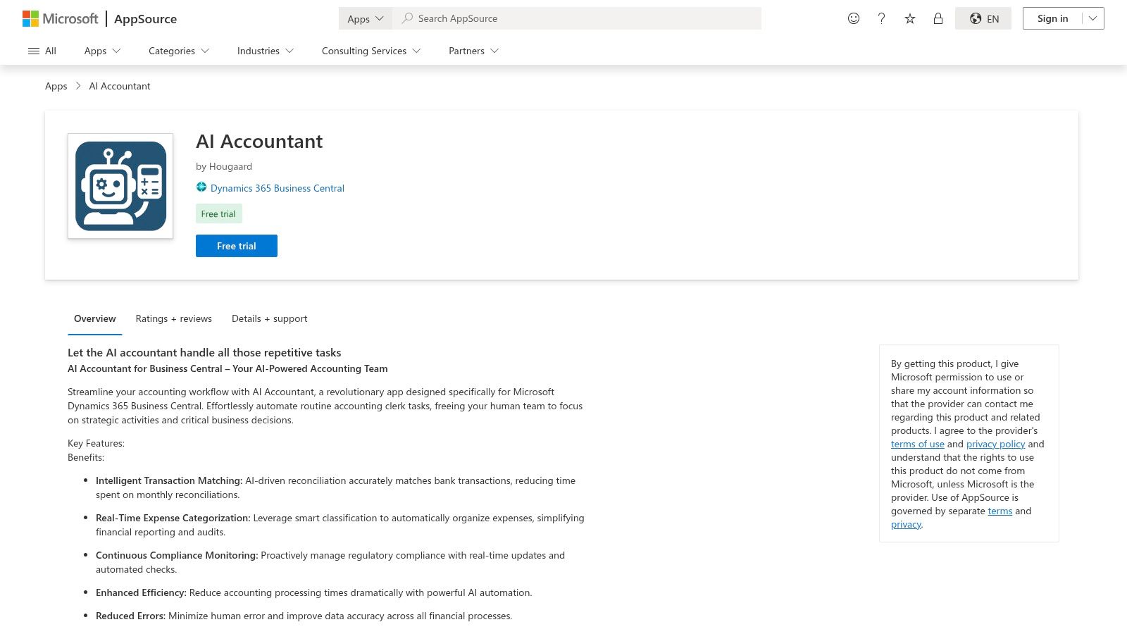 Microsoft AppSource – AI Accountant (Dynamics 365 Business Central)