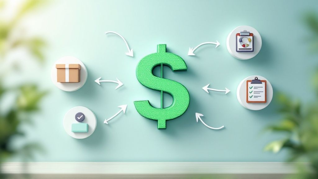 An image illustrating the concept of diversifying revenue streams, with multiple arrows pointing from a central business hub to different income sources like products, services, and subscriptions.