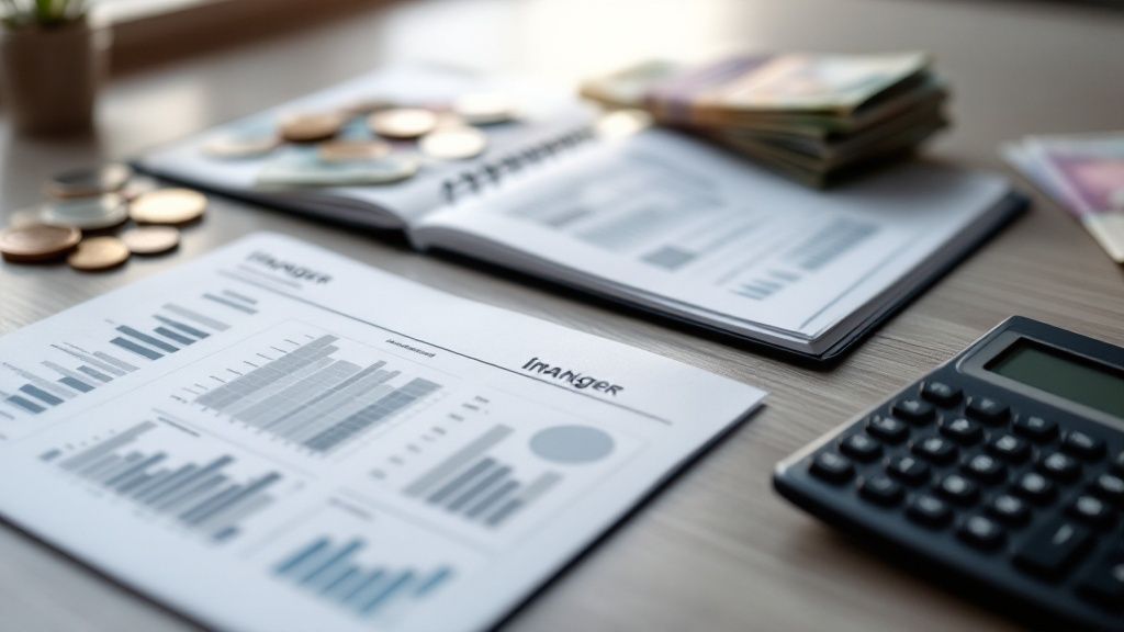 A desk with a calculator, charts, and a tablet showing financial data, illustrating the concept of managing working capital