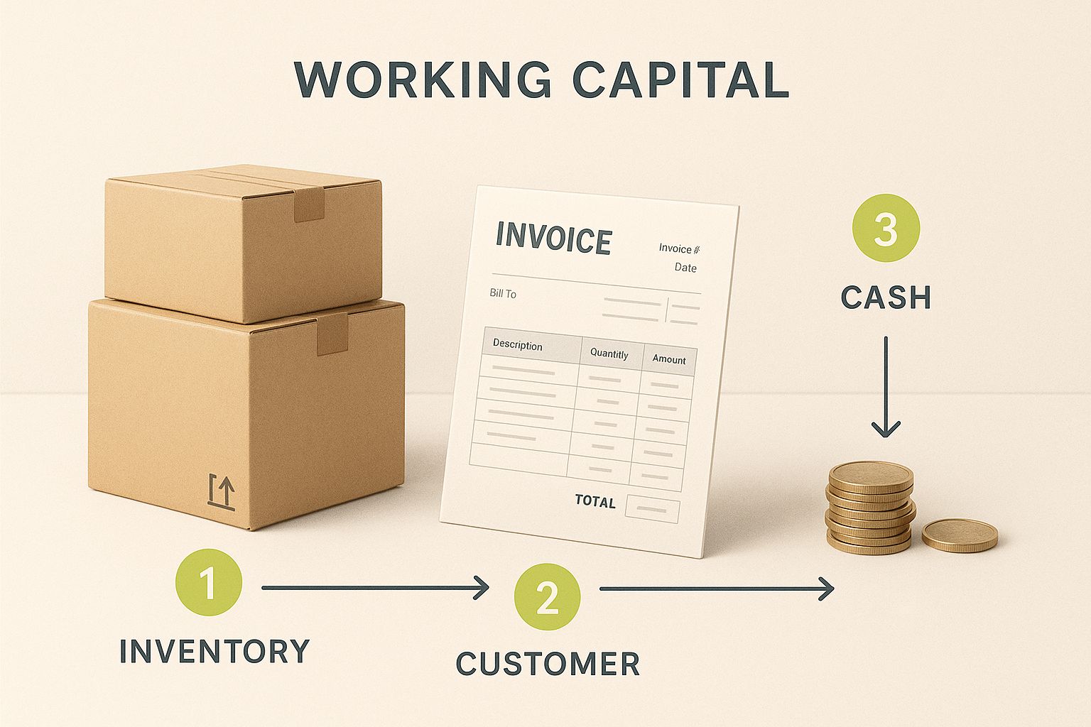 Infographic showing inventory boxes, a customer invoice, and coins, illustrating the stages of the working capital cycle.