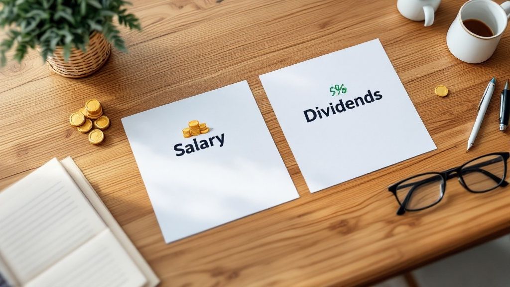Calculator and payroll documents on a desk, symbolising financial planning for a director's salary.