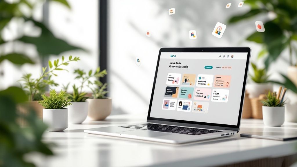 A marketing team collaborating around a desk with laptops and digital displays