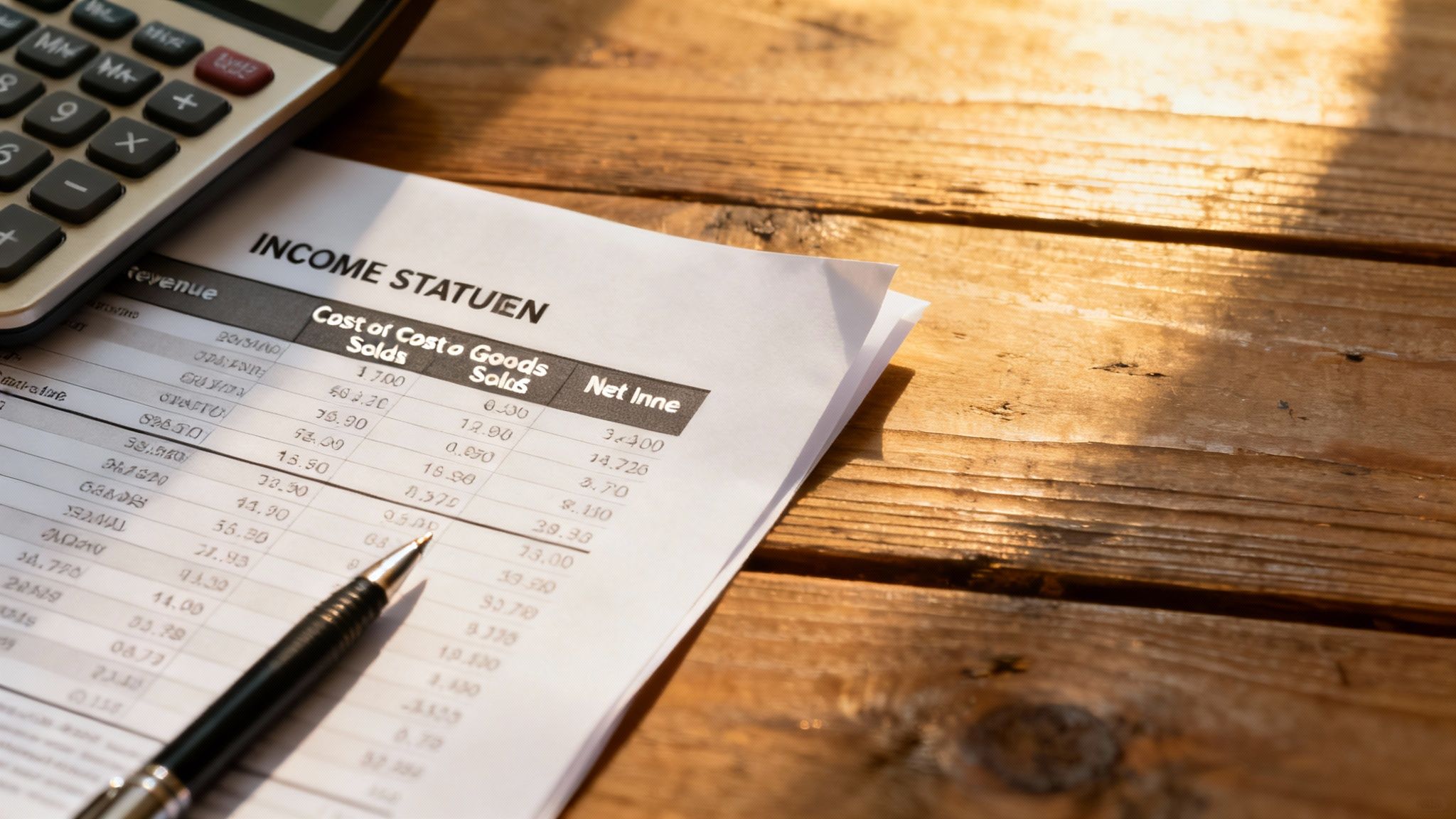 A detailed income statement document on a desk with a pen and calculator nearby.