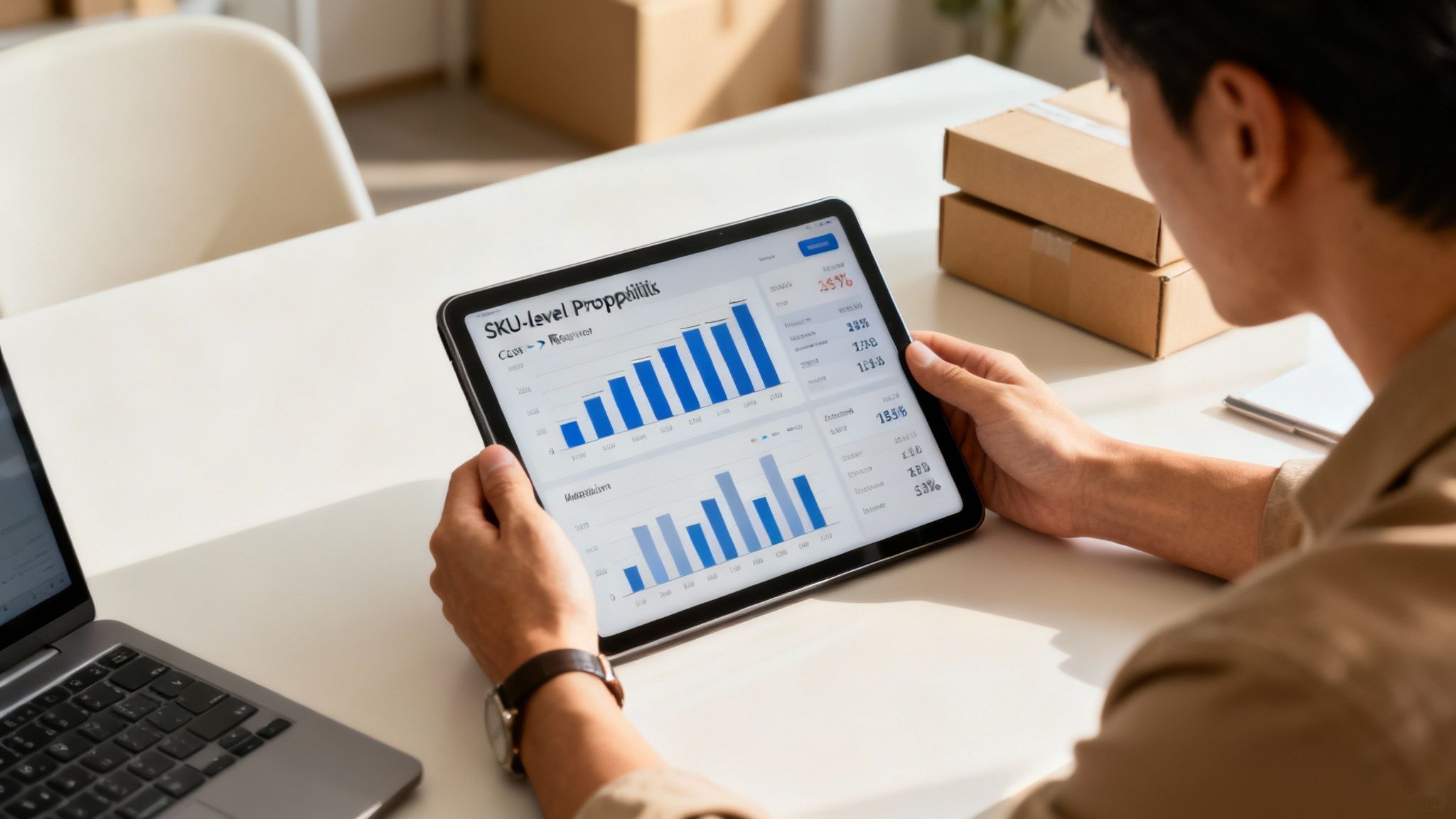 A business owner and an accountant looking at a laptop showing profitability charts and sales data.