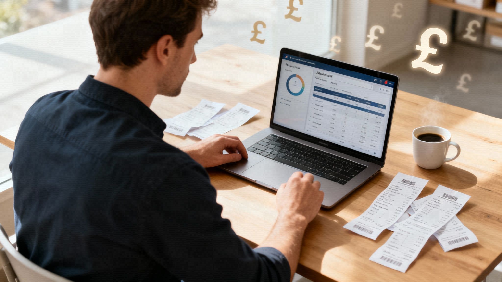 A person at a desk organising their business finances with a laptop and calculator.