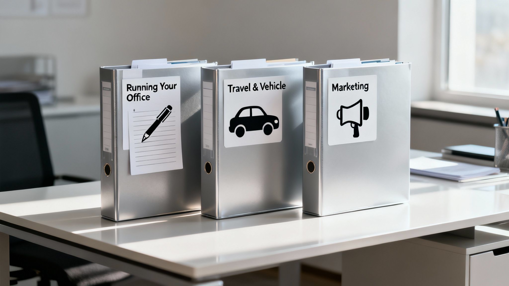 A stack of receipts and invoices next to a calculator, signifying the process of calculating business expenses.