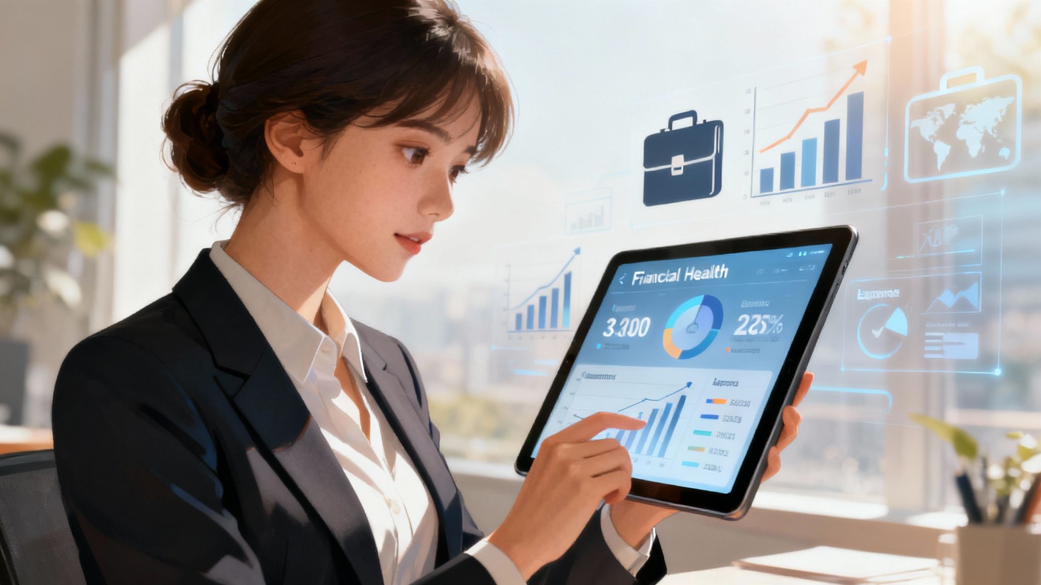 A business owner reviewing financial documents at a desk with a laptop and calculator